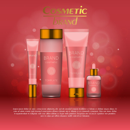 Realistic cosmetic bottle ads template. Cosmetic brand advertising concept design with glitters and bokeh background.のイラスト素材