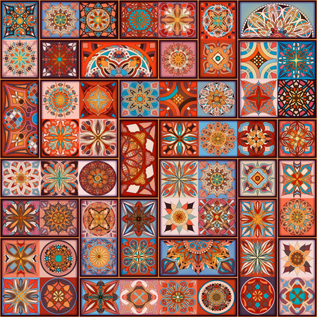 Seamless pattern with decorative mandalas. Vintage mandala elements. Colorful patchworkのイラスト素材