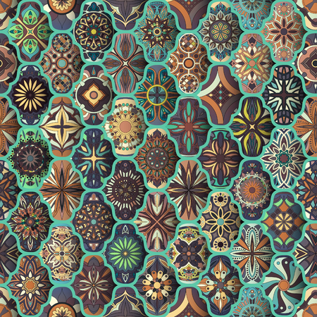 Seamless pattern with decorative mandalas. Vintage mandala elements. Colorful patchworkのイラスト素材