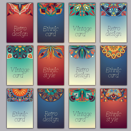 Card set with floral decorative mandala elements background. Asian Indian oriental ornate bannersのイラスト素材