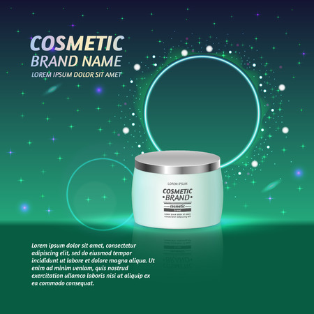3D realistic cosmetic bottle ads template. Cosmetic brand advertising concept design with glitters and sparkles abstract sky background.のイラスト素材