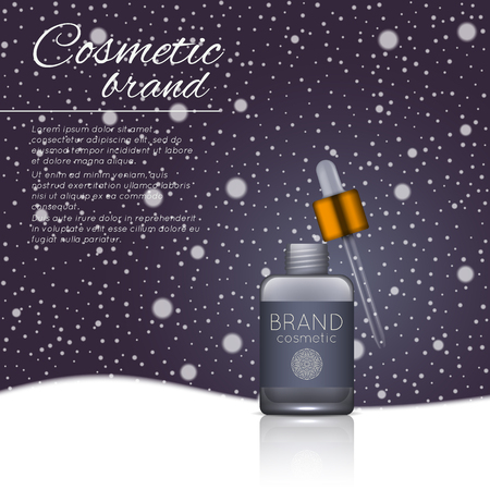 3D realistic cosmetic bottle ads template. Cosmetic brand advertising concept design on winter background with snowflakes.のイラスト素材