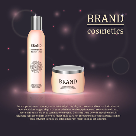 3D realistic cosmetic bottle ads template. Cosmetic brand advertising concept design with glitters and bokeh background.のイラスト素材
