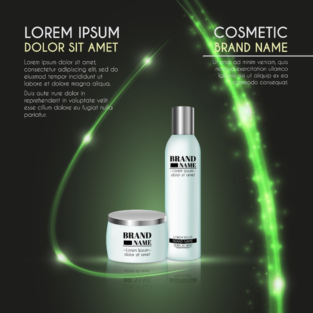 3D realistic cosmetic bottle ads template. Cosmetic brand advertising concept design with glowing sparkles and glitters abstract background.のイラスト素材