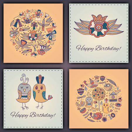 Happy birthday vector greeting card with abstract doodle birds and flowersのイラスト素材