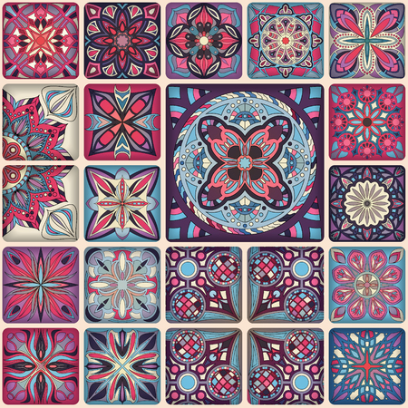 Seamless pattern with decorative mandalas. Vintage mandala elements. Colorful patchworkのイラスト素材