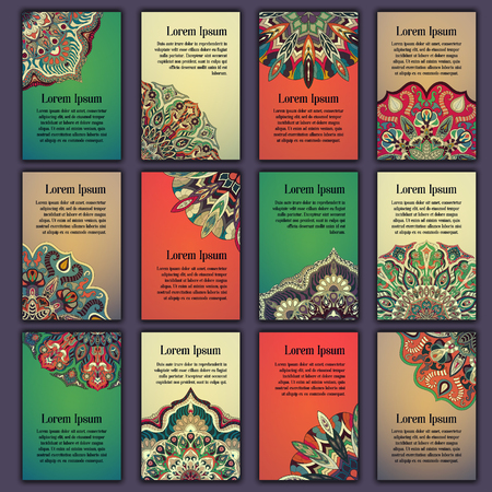 Card set with floral decorative mandala elements background. Asian Indian oriental ornate bannersのイラスト素材