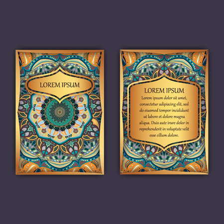 Vintage cards with floral mandala pattern and ornaments. Front page and back page. Luxury designのイラスト素材