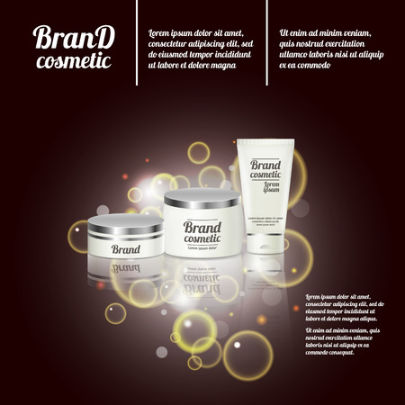3D realistic cosmetic bottle ads template. Cosmetic brand advertising concept design with bubbles and sparkles.のイラスト素材