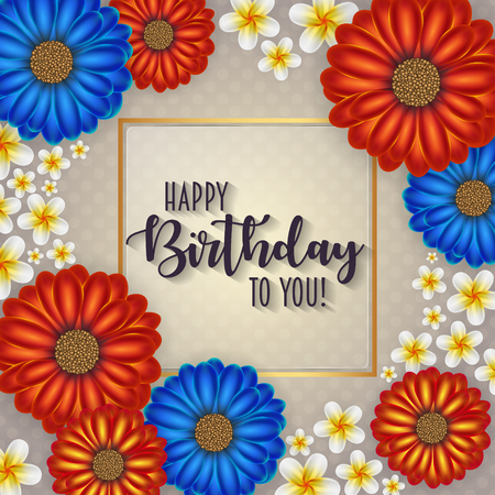 Birthday card with frame decorated with flowers and vintage retro backgroundのイラスト素材