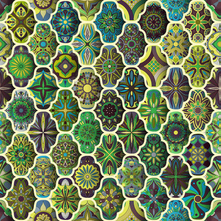 Seamless pattern with decorative mandalas. Vintage mandala elements. Colorful patchworkのイラスト素材