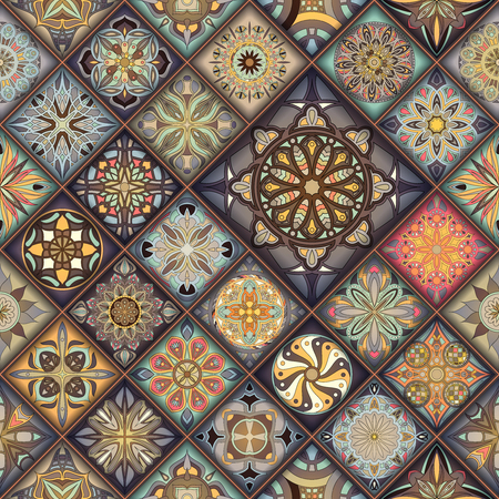 Seamless pattern with decorative mandalas. Vintage mandala elements. Colorful patchworkのイラスト素材
