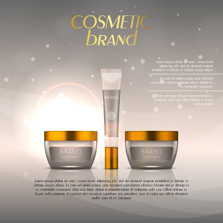 3D realistic cosmetic bottle ads template. Cosmetic brand advertising concept design with glitters and bokeh background.のイラスト素材