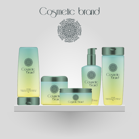 Set of realistic gradient color cosmetic bottle. 3D mockup bottle isolated on white background. Cosmetic products packageのイラスト素材