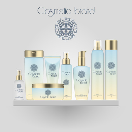 Set of realistic gradient color cosmetic bottle. 3D mockup bottle isolated on white background. Cosmetic products packageのイラスト素材