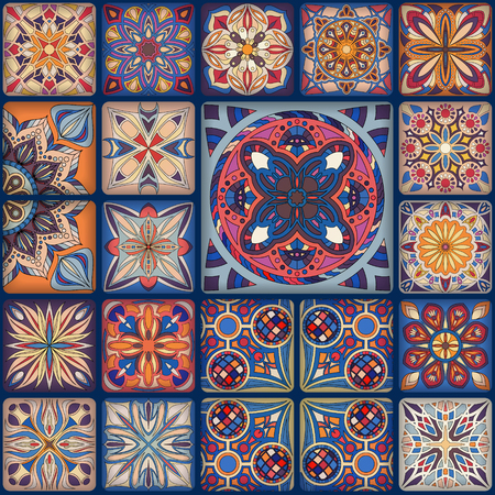 Seamless pattern with decorative mandalas. Vintage mandala elements. Colorful patchworkのイラスト素材