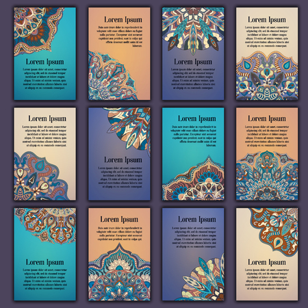 Card set with floral decorative mandala elements background. Asian Indian oriental ornate bannersのイラスト素材