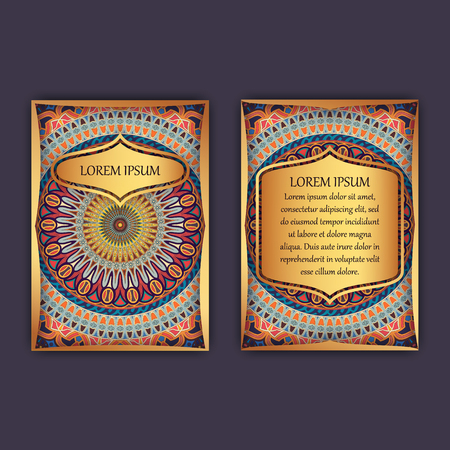 Vintage cards with floral mandala pattern and ornaments. Front page and back page. Luxury designのイラスト素材