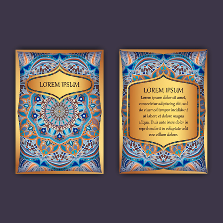 Vintage cards with floral mandala pattern and ornaments. Front page and back page. Luxury design.のイラスト素材
