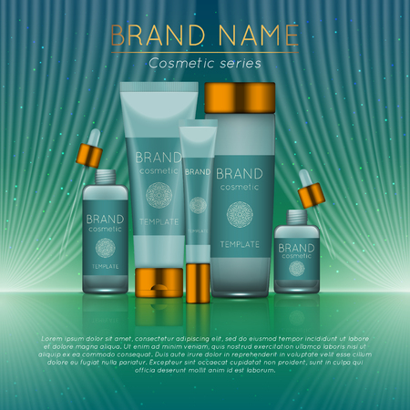 3D realistic cosmetic bottle ads template. Cosmetic brand advertising concept design with wavy light abstract background.のイラスト素材