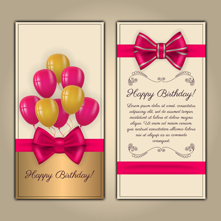 Colorful vector birthday card with text space. Decorated with ribbon, bow and balloons on light background.のイラスト素材