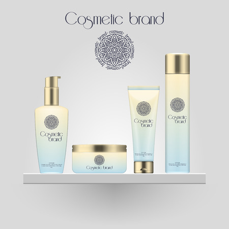 Set of realistic gradient color cosmetic bottle. 3D mock up bottle isolated on white background, cosmetic products package.のイラスト素材