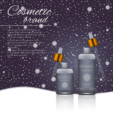3D realistic cosmetic bottle ads template. Cosmetic brand advertising concept design on winter background with snowflakes.のイラスト素材