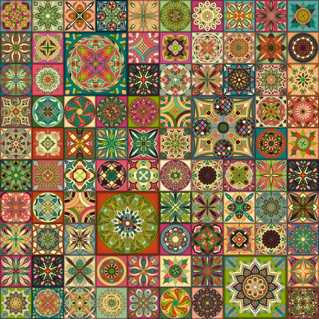 Seamless pattern with decorative mandalas. Vintage mandala elements. Colorful patchworkのイラスト素材