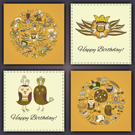 Happy birthday vector greeting card with abstract doodle birds and flowersのイラスト素材