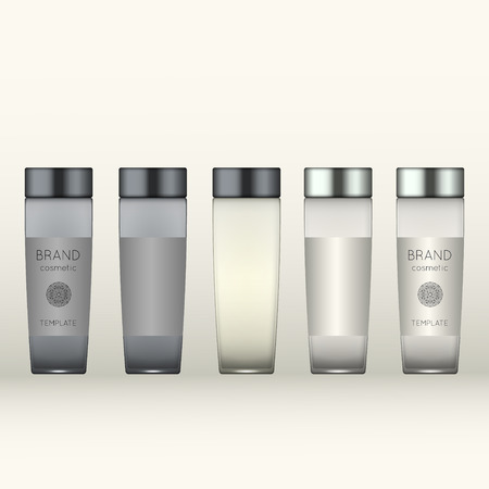 Vector 3D beauty cosmetic product mock up. Isolated realistic bottles for advertising branding. Cosmetic packaging design templateのイラスト素材