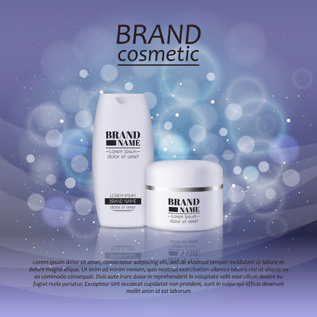 3D realistic cosmetic bottle ads template. Cosmetic brand advertising concept design with glitters and bokeh background.のイラスト素材