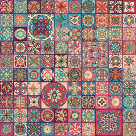 Seamless pattern with decorative mandalas. Vintage mandala elements. Colorful patchworkのイラスト素材