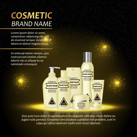 3D realistic cosmetic bottle ads template. Cosmetic brand advertising concept design with abstract glowing lights and sparkles background.のイラスト素材