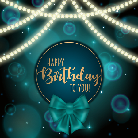 Colorful vector birthday card decorated with bow and glowing light bulbs designのイラスト素材