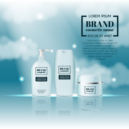 3D realistic cosmetic bottle ads template. Cosmetic brand advertising concept design on sky background with clouds.のイラスト素材