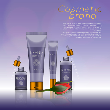 Vector 3D cosmetic illustration with rose and bokeh background. Beauty realistic cosmetic product design templateのイラスト素材