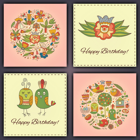 Happy birthday vector greeting card with abstract doodle birds and flowersのイラスト素材