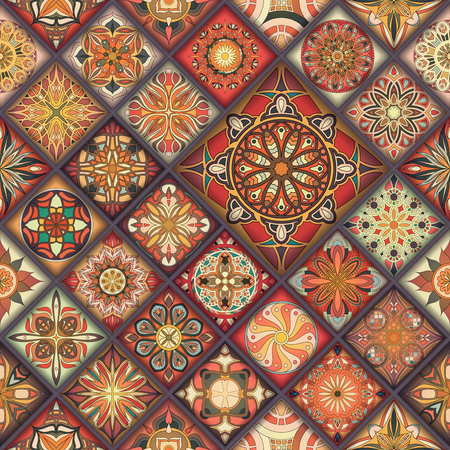 Seamless pattern with decorative mandalas. Vintage mandala elements. Colorful patchworkのイラスト素材