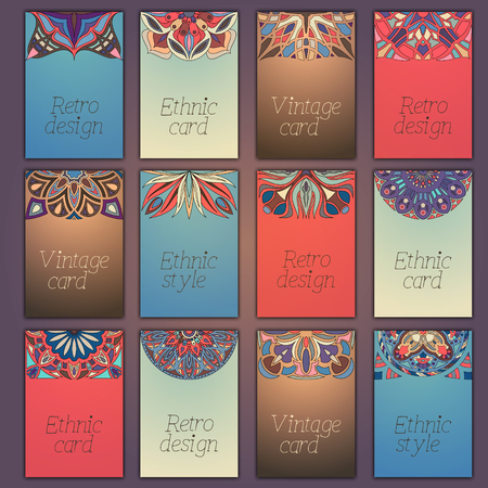 Card set with floral decorative mandala elements background. Asian Indian oriental ornate bannersのイラスト素材