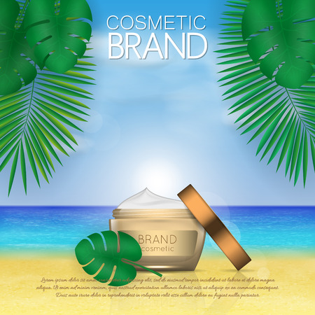 Summer sunblock cosmetic design template on beach background with exotic palm leaves. 3D realistic sun protection and sunscreen product adsのイラスト素材