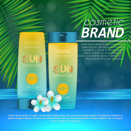 Summer sunblock cosmetic design template on abstract blue background with exotic palm leaves. Realistic sun protection and sunscreen product adsのイラスト素材