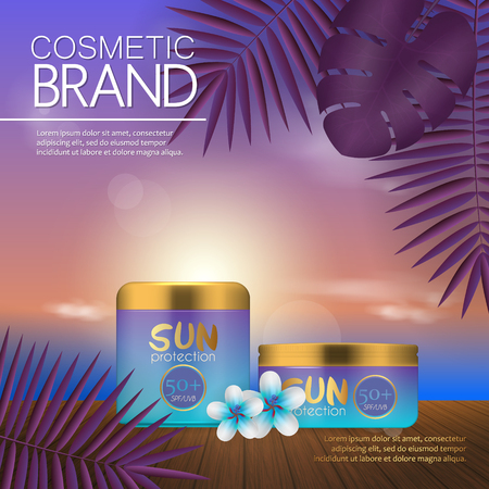 Summer cosmetic template on the sunset beach with exotic palm leaves background. Realistic 3D designのイラスト素材