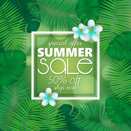 Summer sale banner, poster template with palm leaves and jungle leaf . Floral tropical summer backgroundのイラスト素材