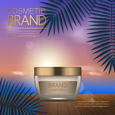 Summer cosmetic template on the sunset beach with exotic palm leaves background. Realistic 3D designのイラスト素材