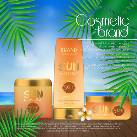 Summer sunblock cosmetic design template on beach background with exotic palm leaves. 3D realistic sun protection and sunscreen product adsのイラスト素材