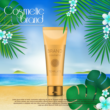 Summer sunblock cosmetic design template on beach background with exotic palm leaves. 3D realistic sun protection and sunscreen product adsのイラスト素材