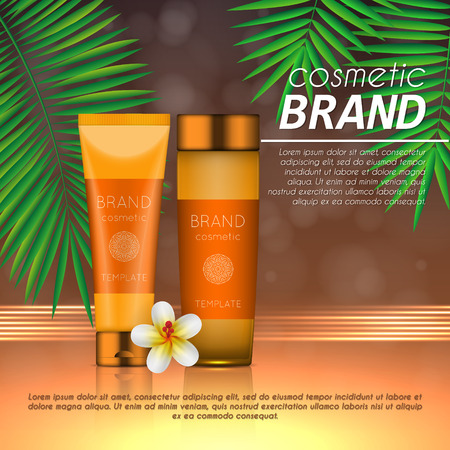 Summer sunblock cosmetic design template on abstract orange background with exotic palm leaves. Realistic sun protection and sunscreen product adsのイラスト素材