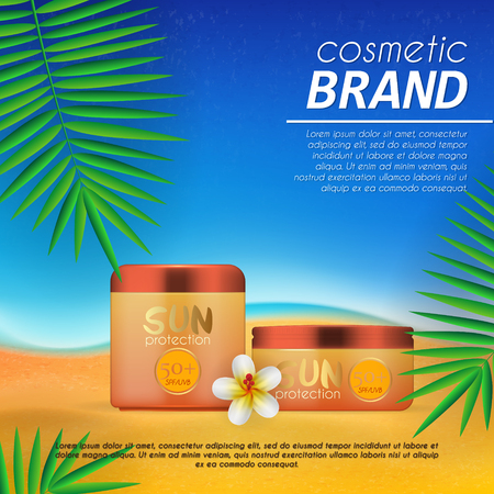 Summer sunblock cosmetic design template on beach background with exotic palm leaves. Realistic sun protection and sunscreen product adsのイラスト素材