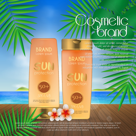 Summer sunblock cosmetic design template on beach background with exotic palm leaves. 3D realistic sun protection and sunscreen product adsのイラスト素材