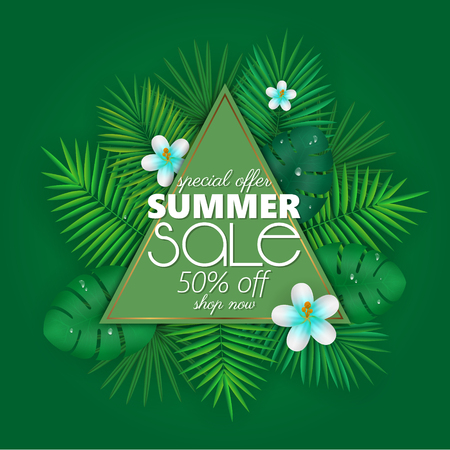 Summer sale banner, poster template with palm leaves and jungle leaf . Floral tropical summer backgroundのイラスト素材